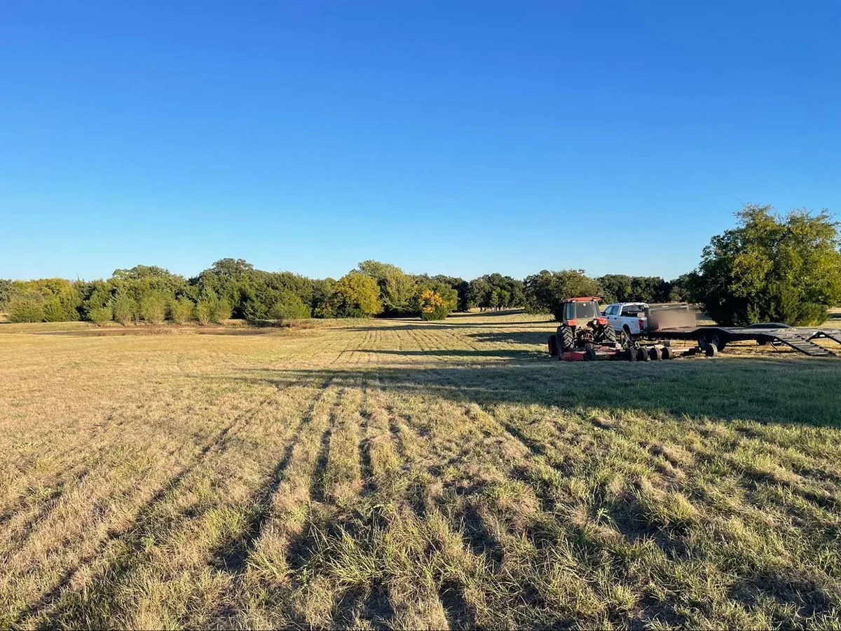 Freshly mowed pasture with cutter rows and a tractor and trailer parked at the far edge, bush hogging